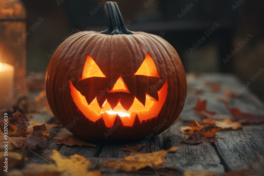 A close-up of a perfectly carved pumpkin with an intricate, spooky face, glowing warmly from within, set on a rustic wooden table surrounded by fallen autumn leaves A close-up of a perfectly carved pumpkin with an intricate, spooky face, glowing warmly from within, set on a rustic wooden table surrounded by fallen autumn leaves