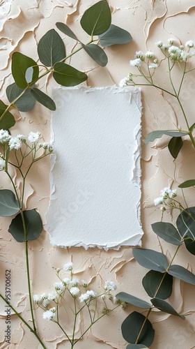 Wedding invitation card mockup with natural eucalyptus and white gypsophila twigs. Blank card mockup on beige background
