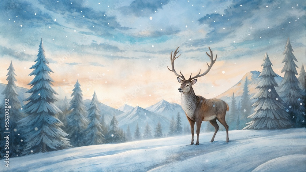 Watercolor deer painting, winter scene, snowy landscape, serene atmosphere, copy space Watercolor deer painting, winter scene, snowy landscape, serene atmosphere, copy space