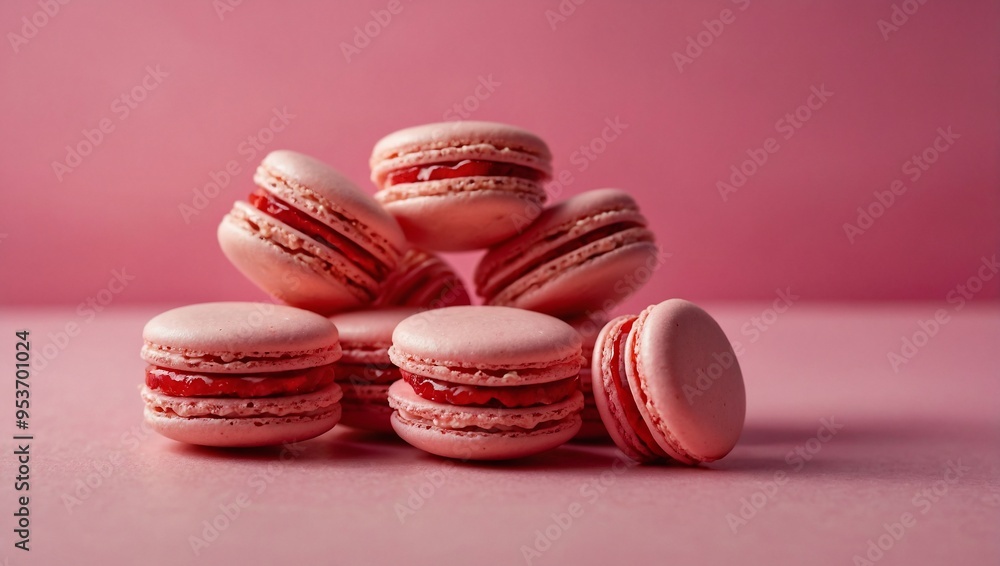 French strawberry-pink heart-shaped macarons against a pink background, perfect for a Valentine-themed pastry card. French strawberry-pink heart-shaped macarons against a pink background, perfect for a Valentine-themed pastry card.
