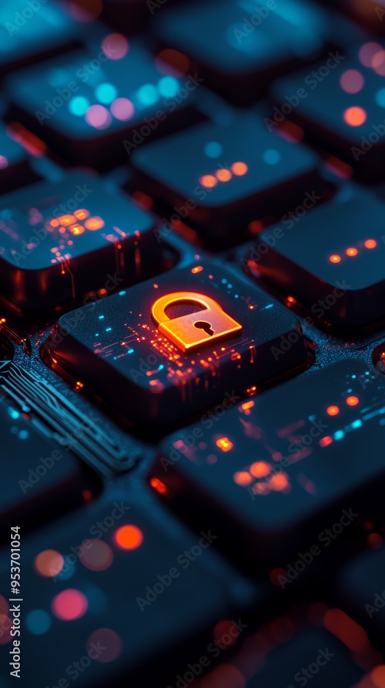 Fototapeta premium Close-up of a glowing lock icon on a keyboard key, symbolizing cyber security and data encryption. Highlighting the importance of protecting sensitive information online.