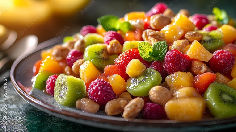 Colorful plate of mixed fruits and nuts Colorful plate of mixed fruits and nuts