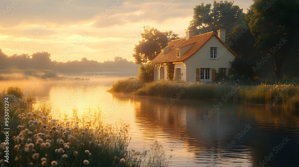 Obraz premium A white cottage sits on the bank of a tranquil river with a golden sunset reflecting on the water.