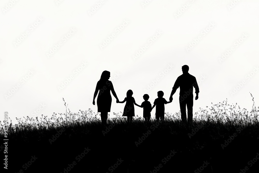 A silhouette of a family holding hands on a hill, symbolizing unity and togetherness. A silhouette of a family holding hands on a hill, symbolizing unity and togetherness.