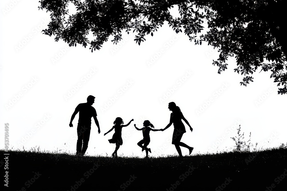 A silhouette of a family playing together in a grassy area under a tree. A silhouette of a family playing together in a grassy area under a tree.