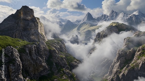 Majestic rocky cliffs with waves of clouds flowing through a grassy valley, surrounded by towering mountain peaks in the background. 