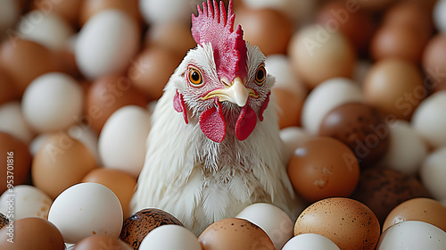 A white hen surrounded by b...