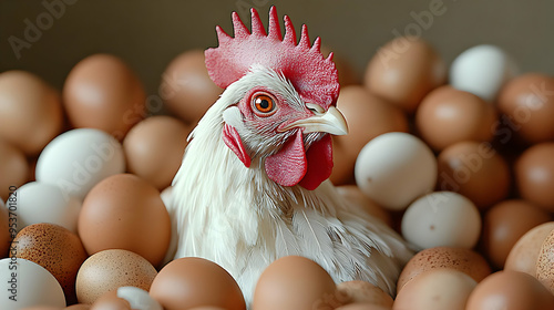 A white hen surrounded by brown and white eggs. photo