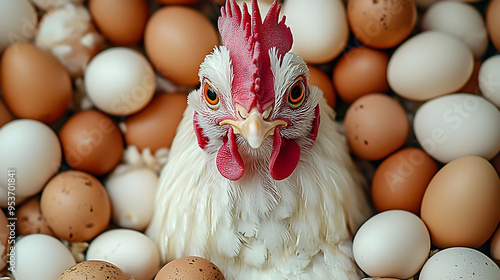 A white hen surrounded by f...