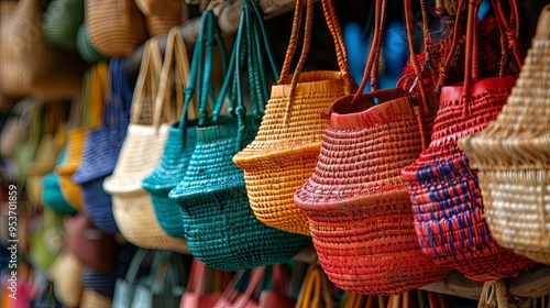 Woven Straw Bags Hanging for Sale photo