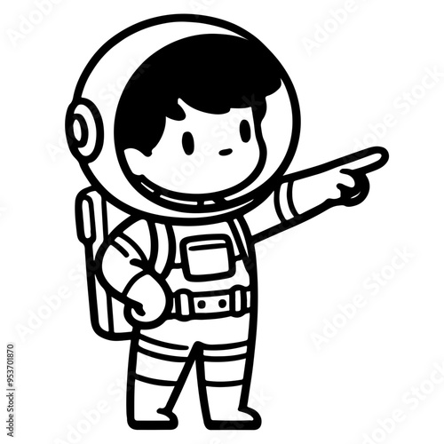 A cartoon boy in a spacesuit pointing to something