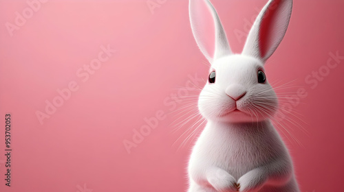 A white rabbit with pink ears looking directly at the camera against a pink background. photo