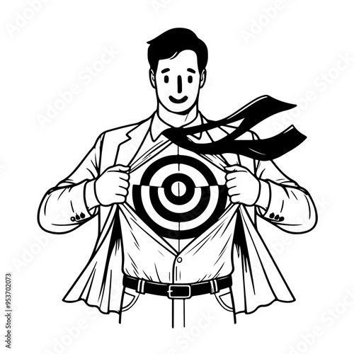 A man in a red cape is opening his shirt to reveal a yellow target on his chest