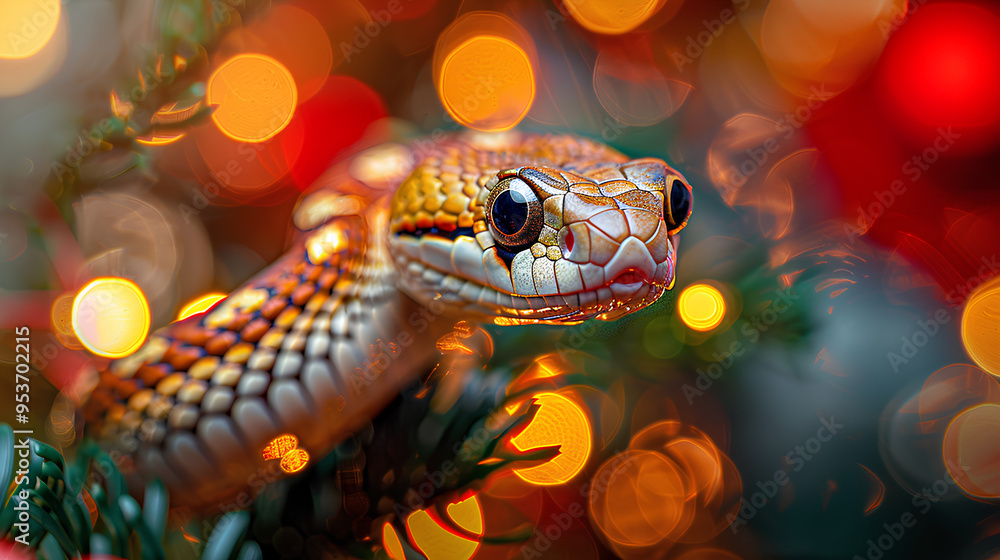 Fototapeta premium Portrait of a green snake. The conceptual year 2025, the year of the green snake.