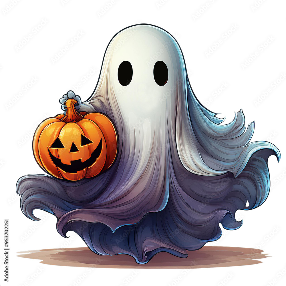 Happy Halloween cartoon character of a ghost hold a pumpkin bucket for Trick or Treat on white background. Happy Halloween cartoon character of a ghost hold a pumpkin bucket for Trick or Treat on white background.