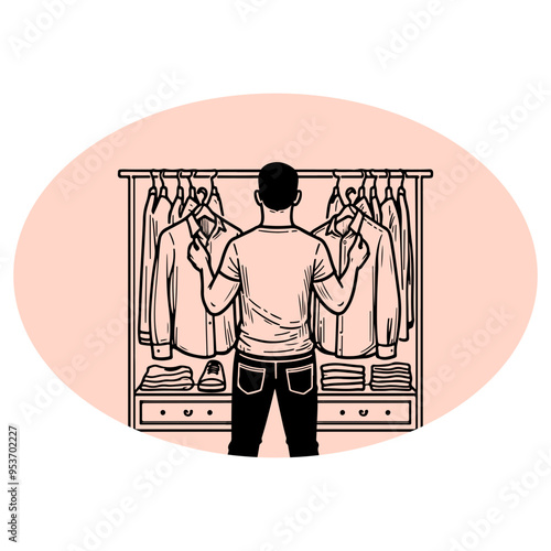 A man is holding up two shirts in a closet