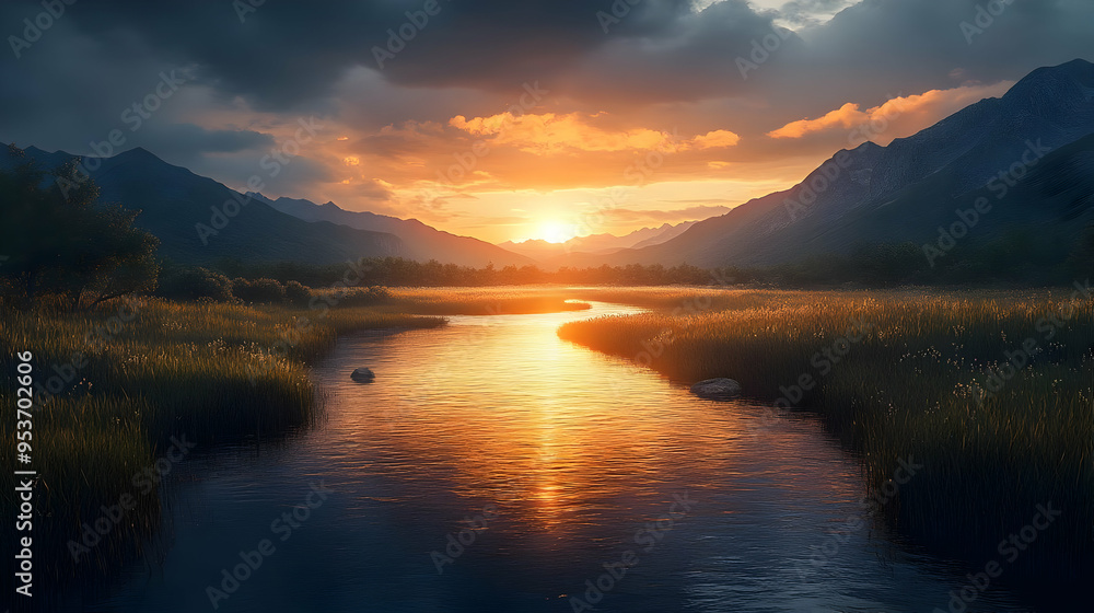 A winding river flows through a grassy valley at sunset, with mountains in the background. A winding river flows through a grassy valley at sunset, with mountains in the background.