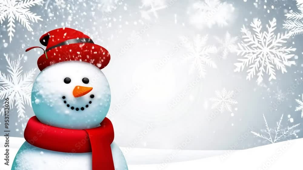 Cheerful snowman with a red hat and scarf on a snowy background, with snowflakes and space for text Cheerful snowman with a red hat and scarf on a snowy background, with snowflakes and space for text