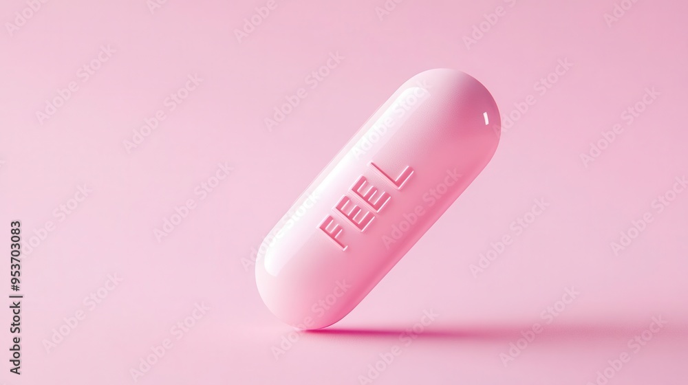 Minimalistic pink capsule with the word 'FEEL' on a pastel background. Concept of wellness, health, and positivity. Clean and modern design. Minimalistic pink capsule with the word 'FEEL' on a pastel background. Concept of wellness, health, and positivity. Clean and modern design.