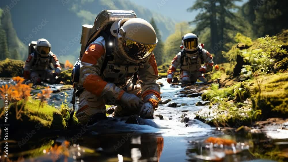 Astronauts exploring a serene river landscape in a remote forest Astronauts exploring a serene river landscape in a remote forest