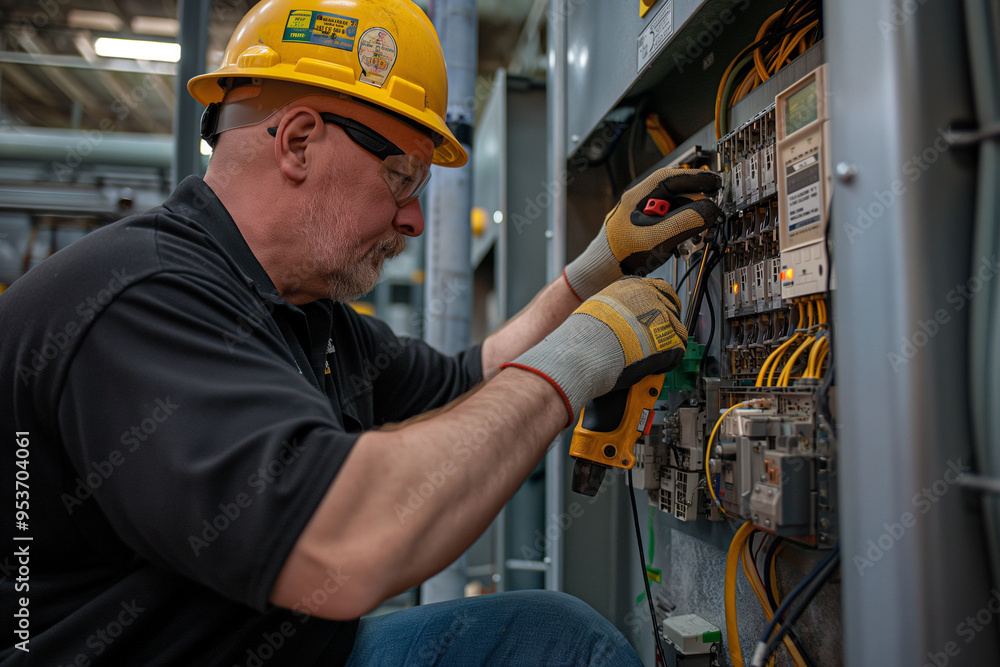 A commercial electrician or engineer and overalls with safety gears working on an electrical panel, power station, construction site, or factory. Electrical system repair, wiring. A commercial electrician or engineer and overalls with safety gears working on an electrical panel, power station, construction site, or factory. Electrical system repair, wiring.
