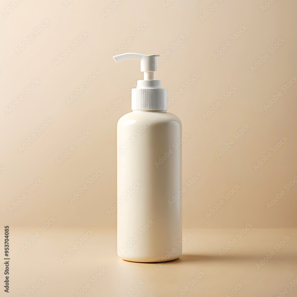 White bottle Mockup with pump cap surrounded by flowing milk cream on a soft beige background White bottle Mockup with pump cap surrounded by flowing milk cream on a soft beige background