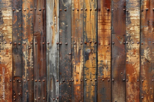 wood wall with rusty steel metal and nail texture background brown plank wooden wall background