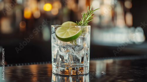 Glass of Gin and Tonic with Lime and Rosemary on a Bar Counter