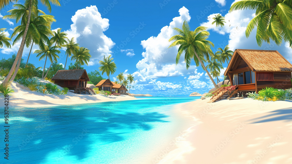 Obraz premium Thatched-roof huts line a pristine, white sandy beach, shaded by tall palm trees, with crystal-clear turquoise water gently flowing under a bright blue sky filled with fluffy clouds