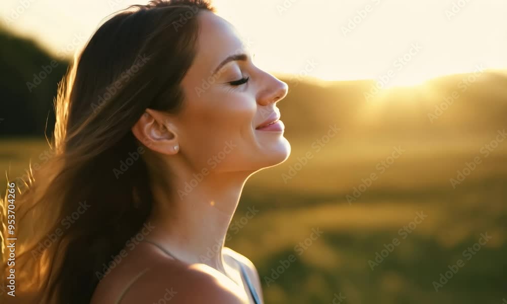 Young woman with long hair enjoying sunlight with closed eyes, radiating peace and serenity Young woman with long hair enjoying sunlight with closed eyes, radiating peace and serenity