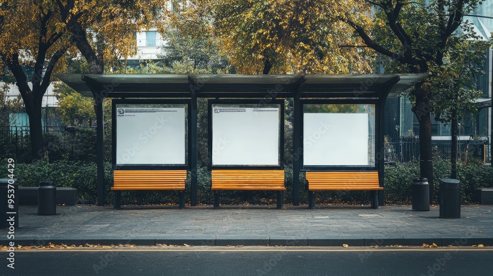 Obraz premium Bus stop with empty advertising banner and benches placed on city street. Mockup banner