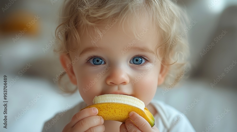 Close-Up Portrait of Adorable Toddler Boy with Blue Eyes Eating a Banana, Isolated White Room Background, Ideal for Baby Food Advertising Concept
Close-Up Portrait of Adorable Toddler Boy with Blue Eyes Eating a Banana, Isolated White Room Background, Ideal for Baby Food Advertising Concept