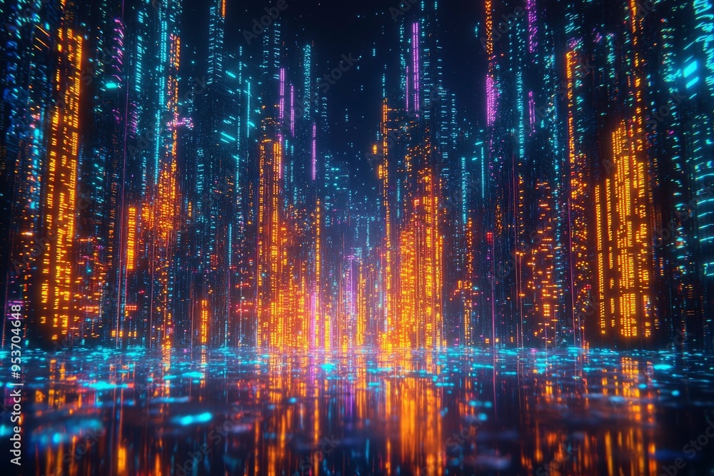 A Futuristic Cityscape with Neon Lights Reflecting in Water A Futuristic Cityscape with Neon Lights Reflecting in Water