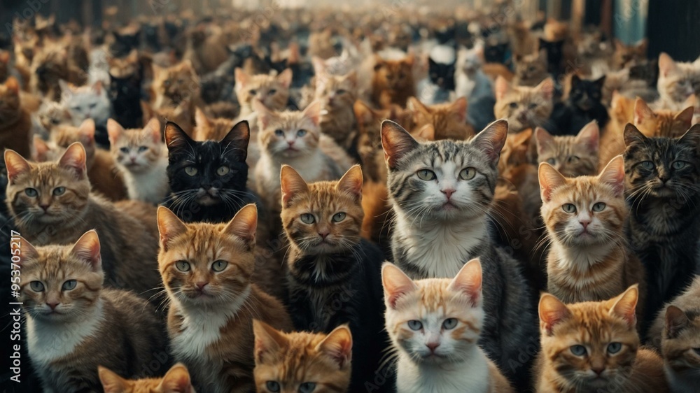 Fototapeta premium A large group of variously colored cats with different expressions sitting and looking straight ahead calmly.
