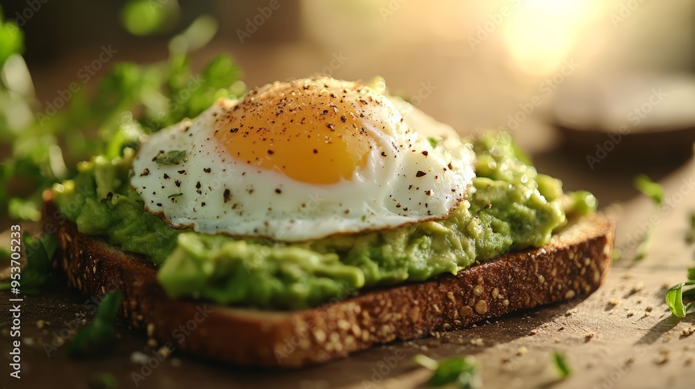 Whole grain toast topped with mashed avocado and a poached egg Whole grain toast topped with mashed avocado and a poached egg