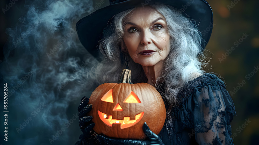 A woman in a black witch hat and dress holds a lit jack-o-lantern with smoke in the background. A woman in a black witch hat and dress holds a lit jack-o-lantern with smoke in the background.