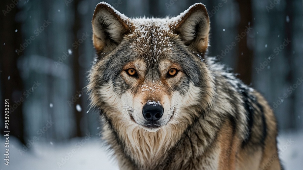 A wolf with a focused gaze stands in a snowy forest, showcasing its thick fur and pristine surroundings. A wolf with a focused gaze stands in a snowy forest, showcasing its thick fur and pristine surroundings.