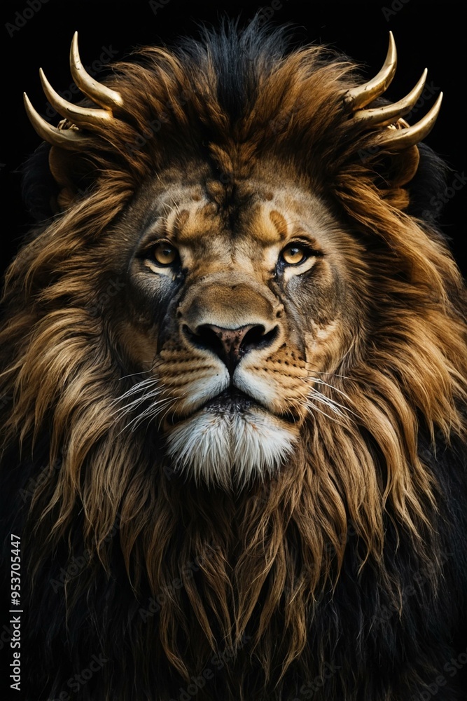Fototapeta premium A regal lion with a golden mane and mysterious horns, representing mythical strength and enigmatic beauty.
