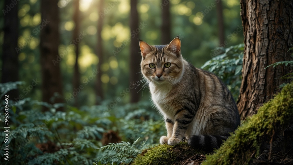 A tabby cat sitting peacefully on a mossy tree in a tranquil forest, capturing a moment of natural beauty. A tabby cat sitting peacefully on a mossy tree in a tranquil forest, capturing a moment of natural beauty.
