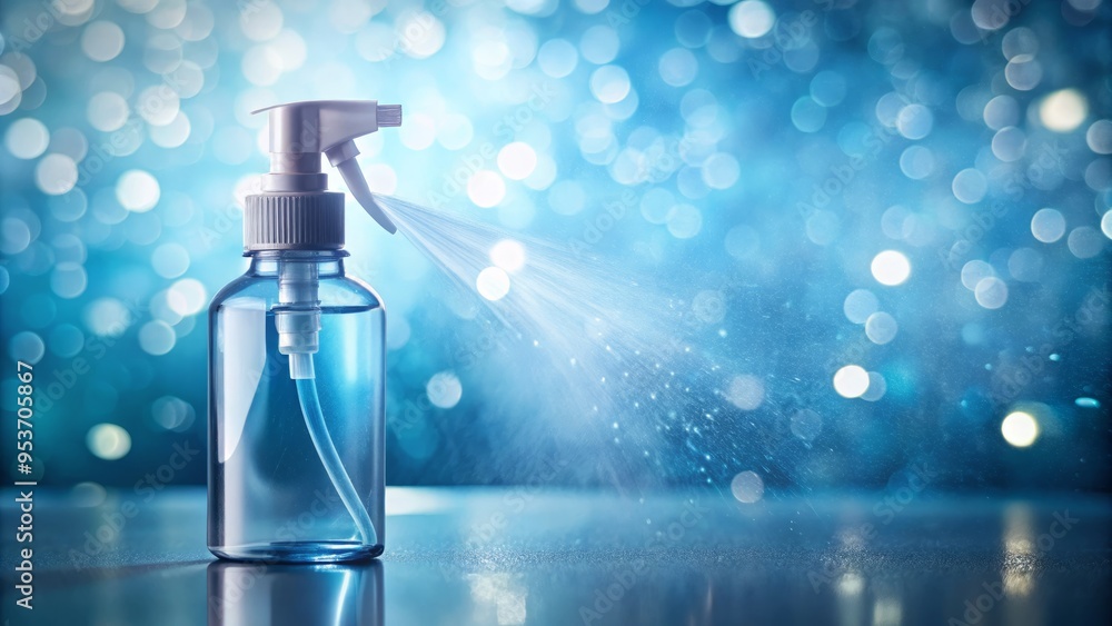 A clear plastic spray bottle with a fine mist emanating from the nozzle, set against a soft, blurred A clear plastic spray bottle with a fine mist emanating from the nozzle, set against a soft, blurred