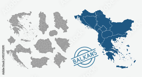 Balkans map. Croatia, Serbia, Bulgaria, Montenegro, Greece, Albania maps with regions. Balkans map isolated on white background. High detailed. Vector illustration	