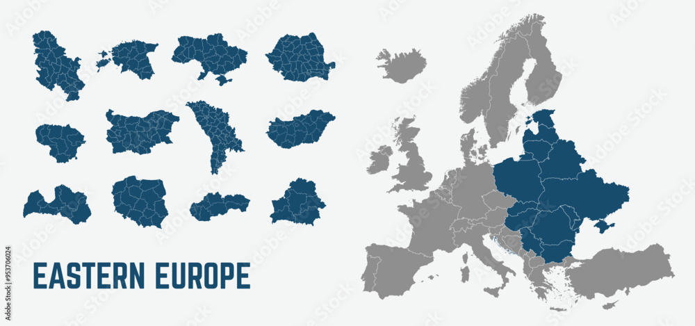 Eastern Europe map. Poland, Ukraine, Belarus, Romania, Bulgaria, Baltics states maps with regions. Europe map isolated on white background. High detailed. Vector illustration Eastern Europe map. Poland, Ukraine, Belarus, Romania, Bulgaria, Baltics states maps with regions. Europe map isolated on white background. High detailed. Vector illustration
