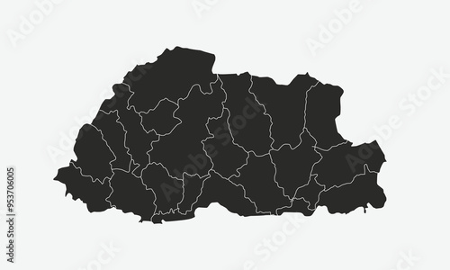 Bhutan map with regions isolated on white background. Map of Bhutan. Vector illustration