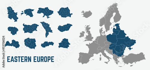 Eastern Europe map. Poland, Ukraine,  Belarus, Romania, Bulgaria, Baltics states maps with regions. Europe map isolated on white background. High detailed. Vector illustration	 photo