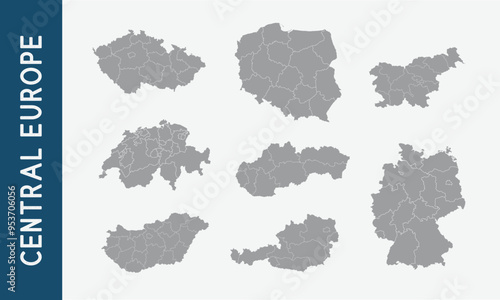Europe maps with regions isolated on a white background. Europe countries maps set. Vector illustration