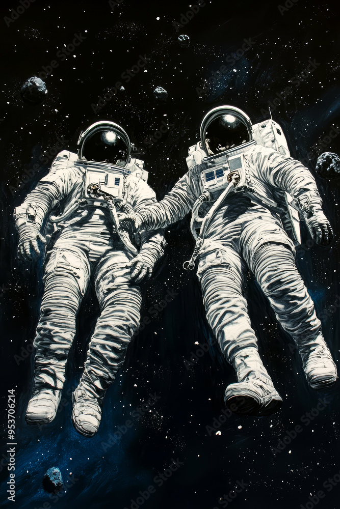 Two astronauts lost floating in space illustration. 