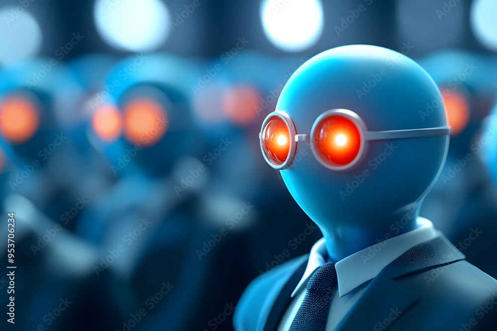 A crowd of blue people with round red eyes, wearing suits and glasses, with golden hour lighting A crowd of blue people with round red eyes, wearing suits and glasses, with golden hour lighting