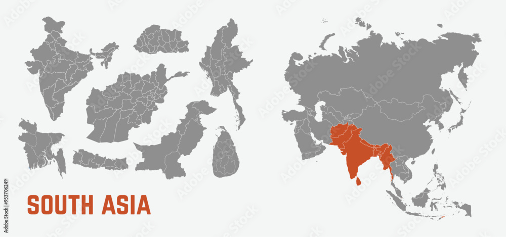 Fototapeta premium South Asia map. India, Afghanistan,Nepal, Bhutan, Myanmar, Bangladesh, Pakistan maps with regions. Asia map isolated on white background. High detailed. Vector illustration