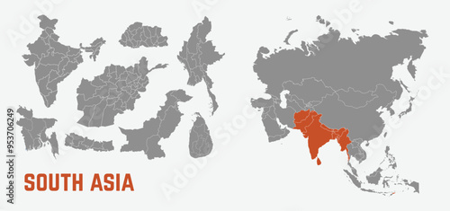 South Asia map. India, Afghanistan,Nepal, Bhutan, Myanmar, Bangladesh, Pakistan maps with regions. Asia map isolated on white background. High detailed. Vector illustration	