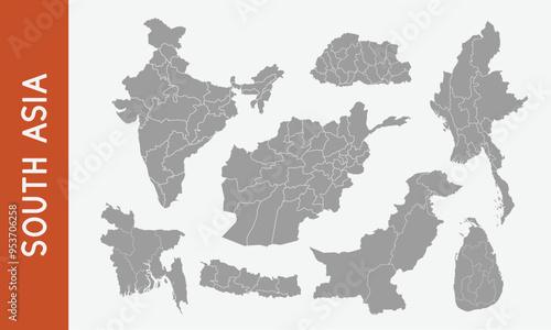 South Asia maps with regions isolated on a white background. South Asia countries maps set. Vector illustration